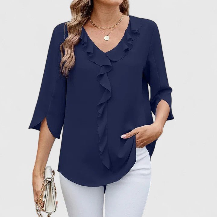 Elegant women's ruffle shirt with a V-neck and stylish split sleeves, ideal for office wear.