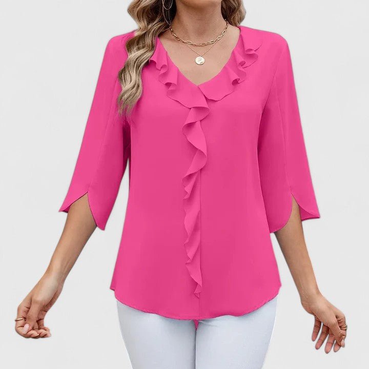 Chic women's top: V-neck, ruffles, and split sleeves for an elegant yet casual spring look.