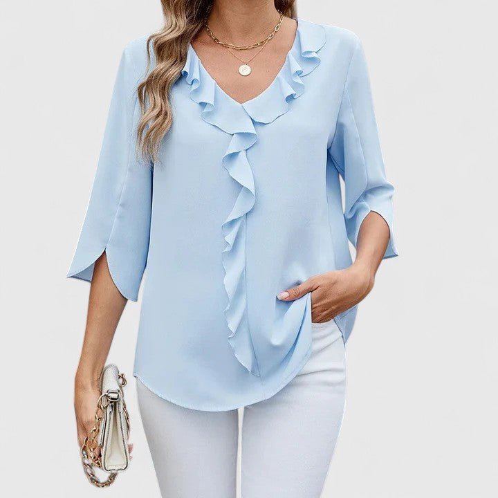 Versatile women's blouse with ruffle details, V-neck, and fashionable split sleeves.