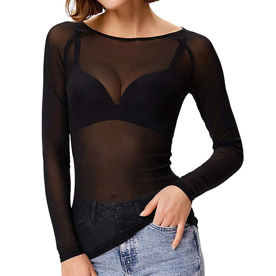 Women's elegant sheer long sleeve mesh top with round neck for sophisticated evening wear.