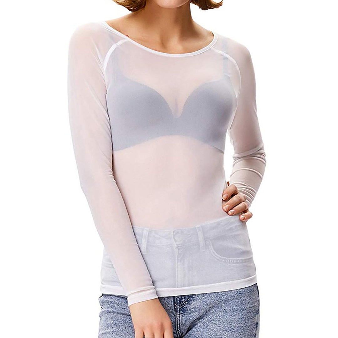 Stylish women's sheer mesh long sleeve pullover top, perfect for parties & date nights.