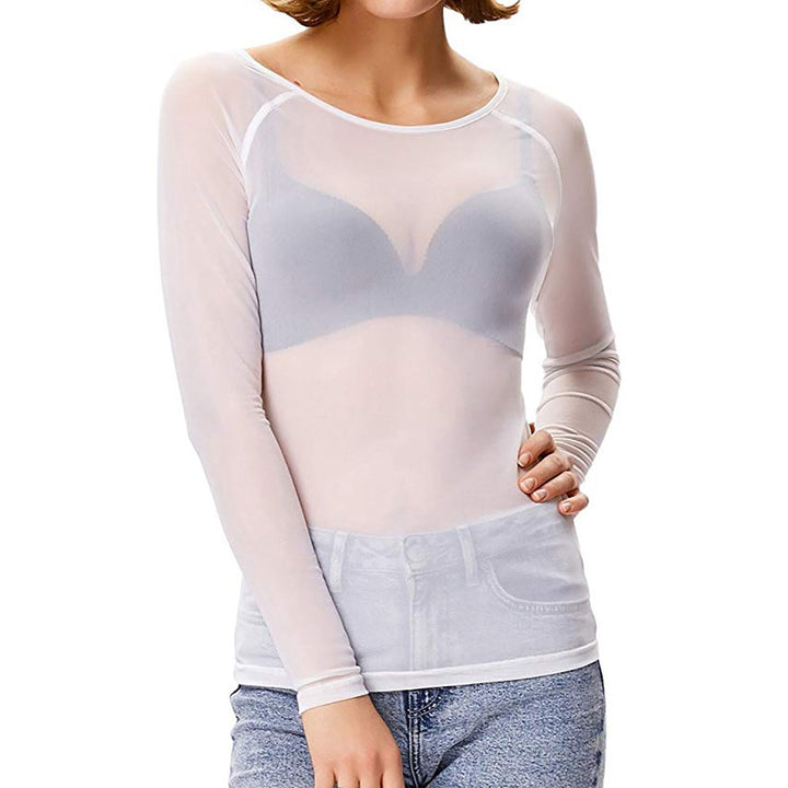 Stylish women's sheer mesh long sleeve pullover top, perfect for parties & date nights.