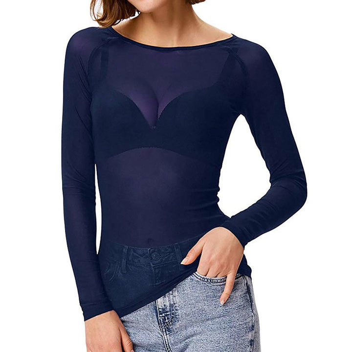 Elegant women's long sleeve sheer mesh top. Round neck, ideal for formal evening or party outfits.