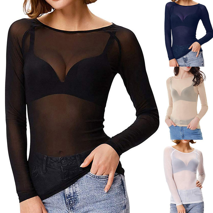 Fashionable women's sheer long sleeve mesh top with round neck for elegant evening wear and date nights.