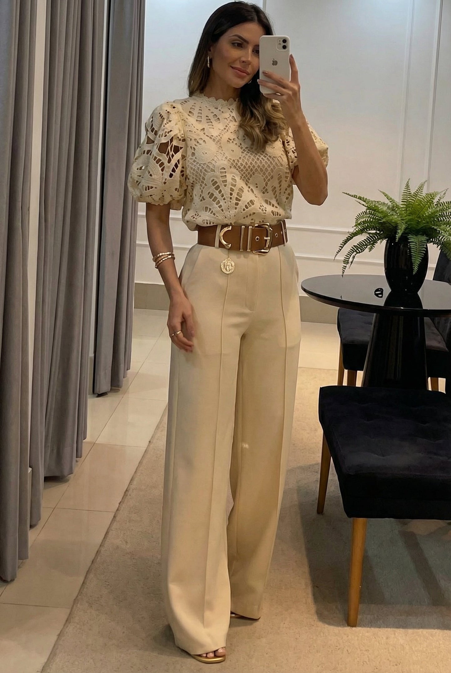 Women's elegant sheer puff sleeve blouse & high-waist tailored pants set. Perfect for formal wear or office.