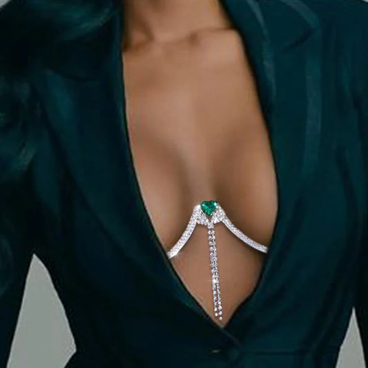 Women's elegant silver heart crystal chest chain necklace, a dazzling rhinestone body jewelry fashion accessory.
