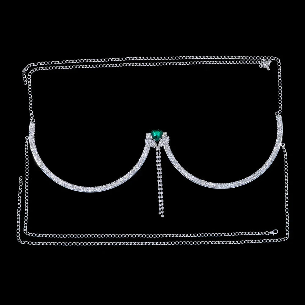 Stunning women's heart crystal body chain with shimmering rhinestones. Perfect silver fashion accessory.