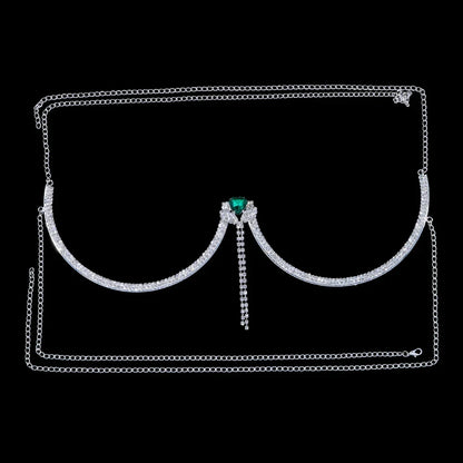Stunning women's heart crystal body chain with shimmering rhinestones. Perfect silver fashion accessory.