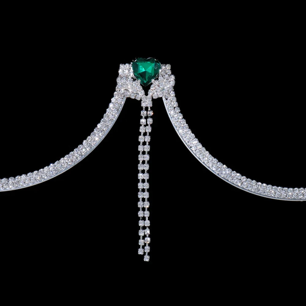 Beautiful women's silver chest chain with heart crystal and rhinestones, an elegant body jewelry accessory.