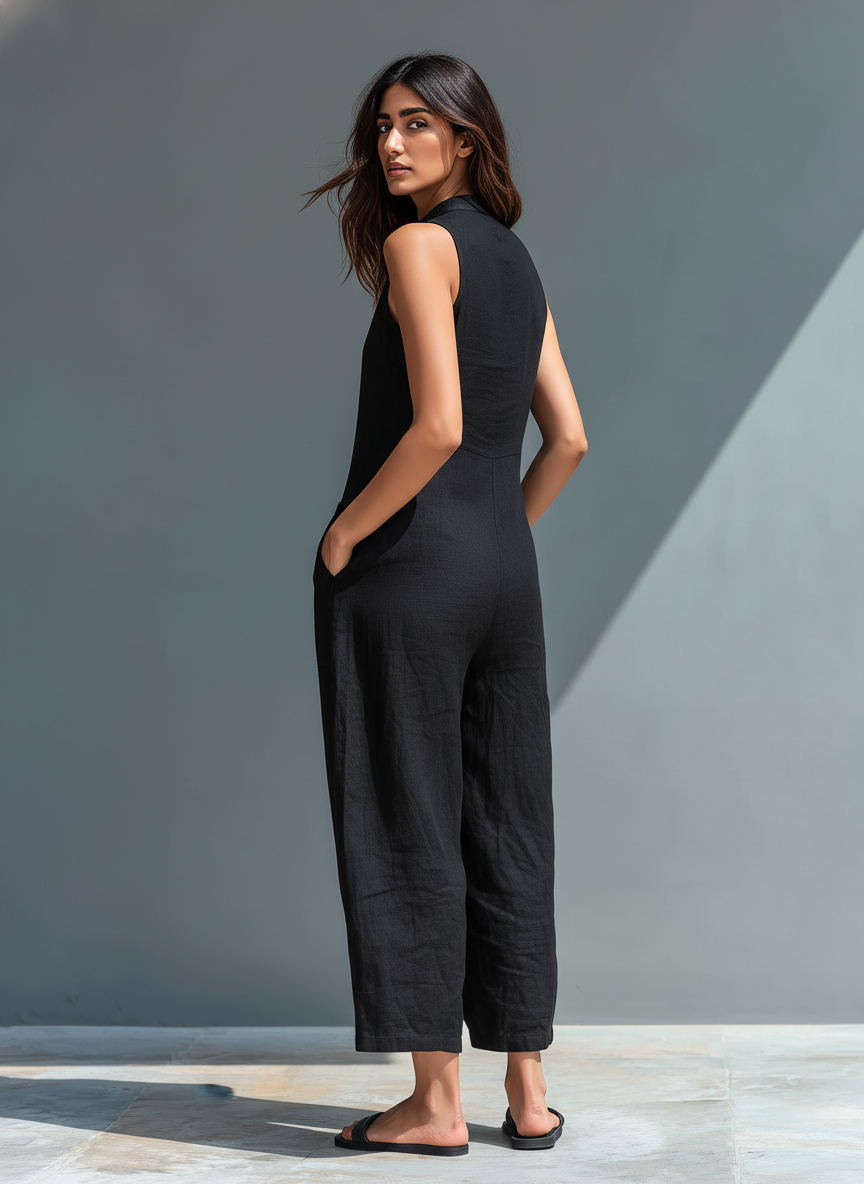 Comfortable women's sleeveless jumpsuit, perfect for spring casual or polished summer looks. Button-front detail.