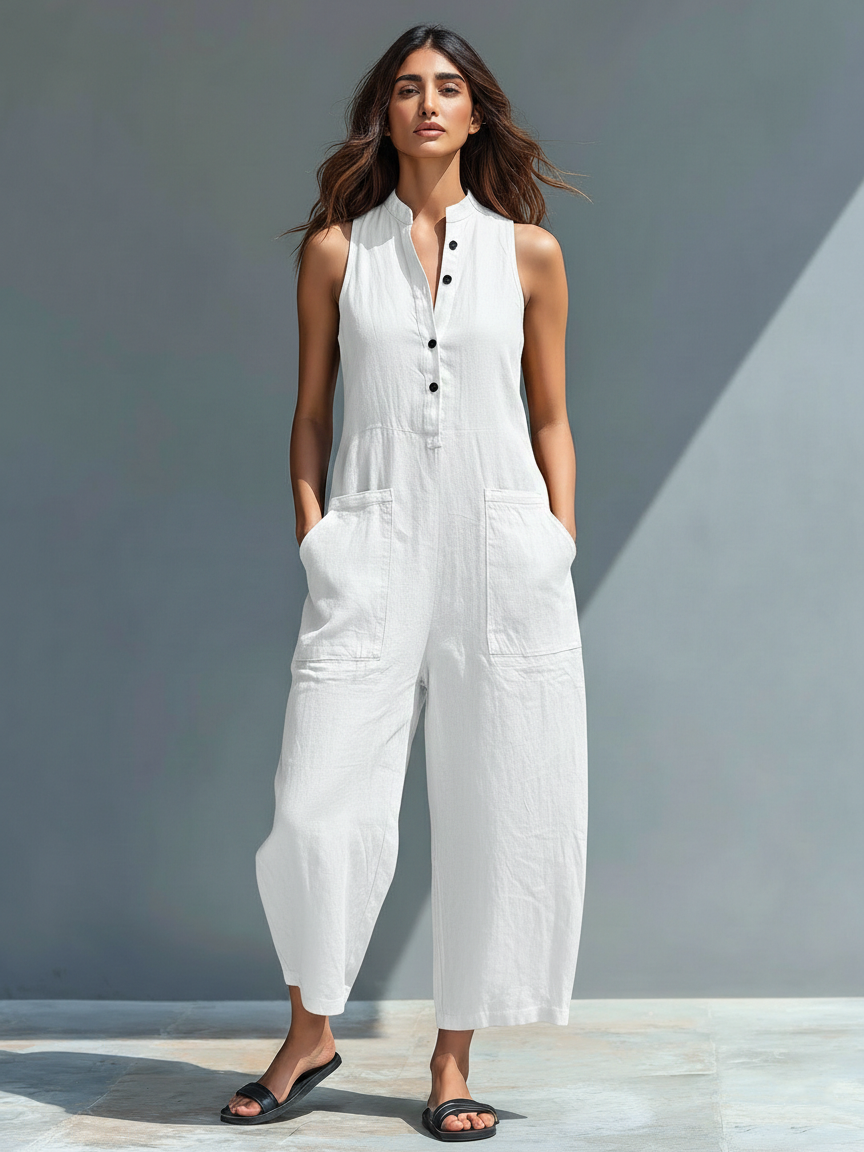 Elegant women's sleeveless jumpsuit, comfortable & chic. Mandarin collar, button front. Versatile for spring/summer.