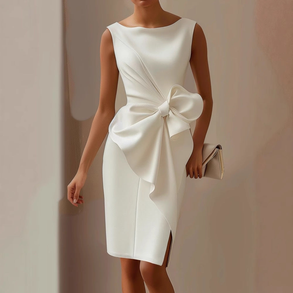 Fitted women's sleeveless mini dress with a stylish waist tie. Ideal as an elegant party or cocktail dress.