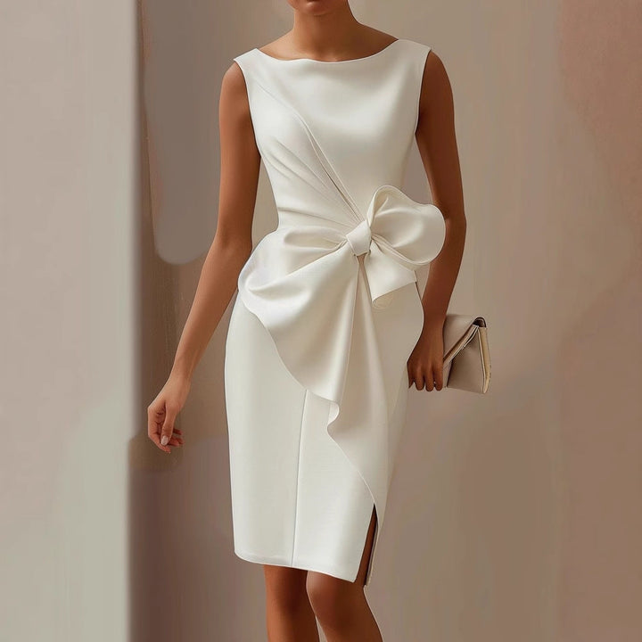 Fitted women's sleeveless mini dress with a stylish waist tie. Ideal as an elegant party or cocktail dress.