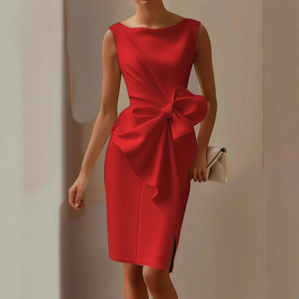 Fashionable women's summer mini dress, sleeveless with a waist tie. Elegant for parties & warm weather.