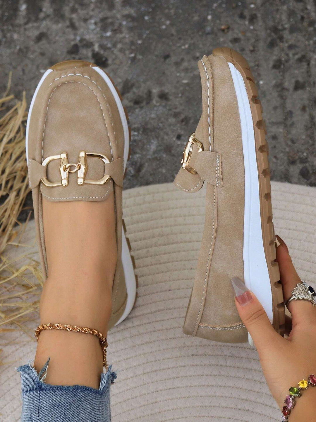 Versatile women's comfort loafers, slip-on style with a sophisticated gold buckle for work or casual.