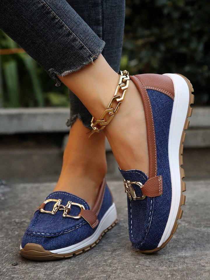 Stylish women's everyday loafers, slip-on design with a chic gold buckle for effortless elegance.