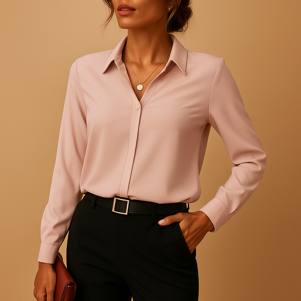 Sophisticated tailored women's solid blouse. Classic button-up for formal or chic everyday style.