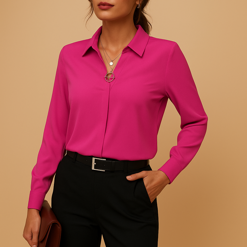 Classic women's solid blouse, ideal for office and formal wear. Elegant button-up with tailored fit.