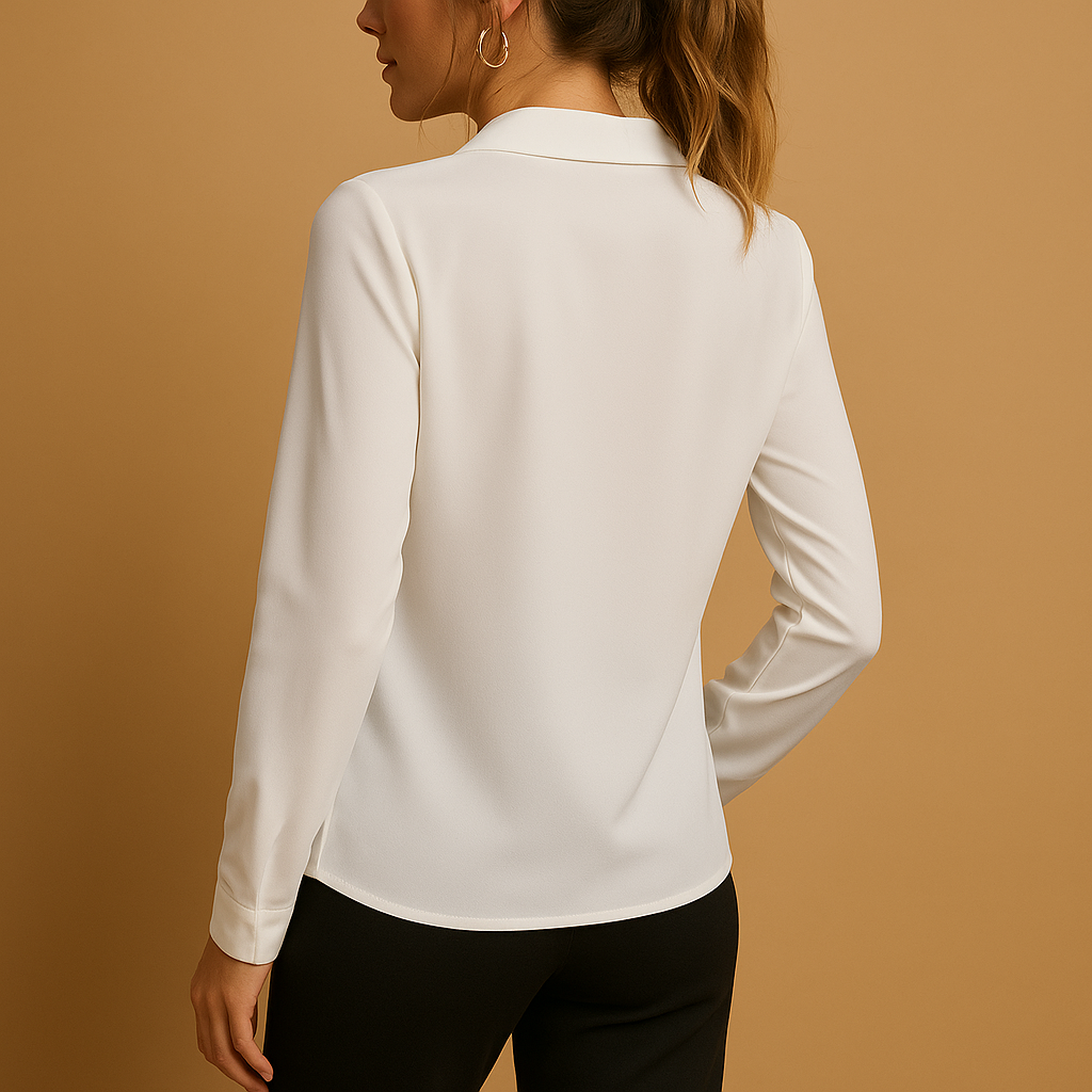 Elegant solid button-up blouse for women. Versatile for formal office settings or sophisticated casual outfits.