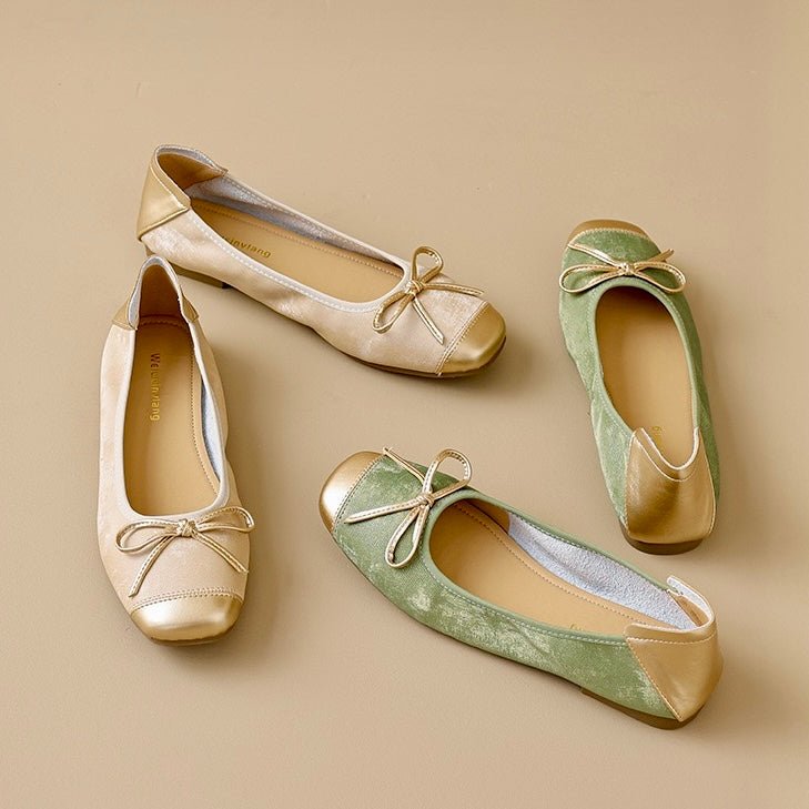 Comfortable women's ballet flats, square toe & bow detail. Perfect elegant footwear for all-day wear.