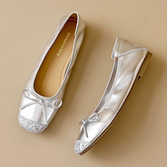 Antique gold women's ballet flats, square toe & bow. Versatile & comfortable elegant shoes for any occasion.