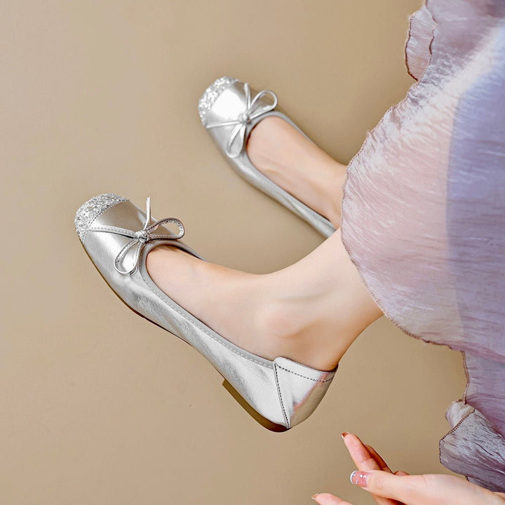 Metallic olive square toe ballet flats for women. Fashionable, comfortable with a delicate bow detail.