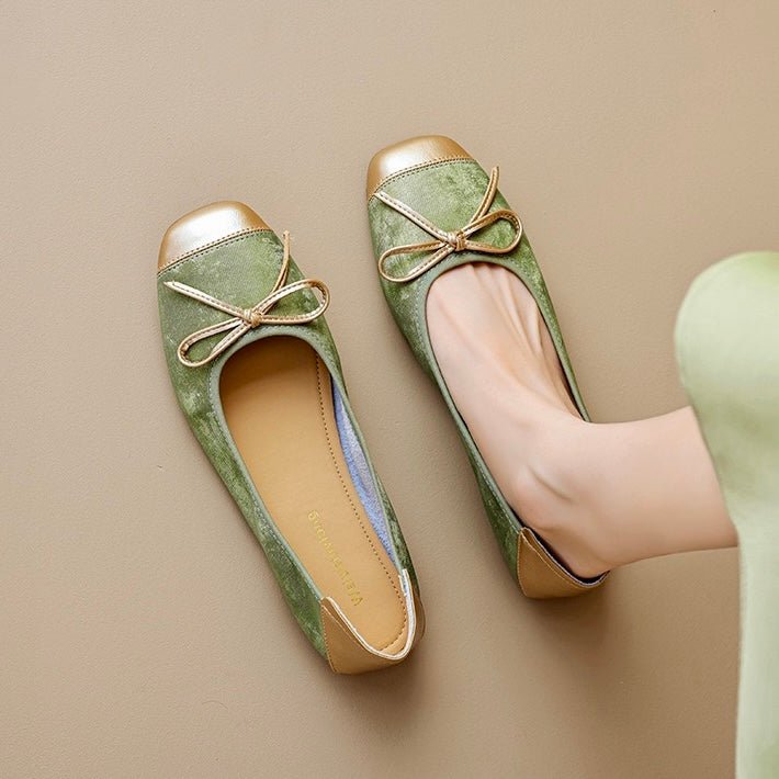 Stylish women's ballet flats with a distinctive square toe. Comfortable and elegant with a cute bow detail.