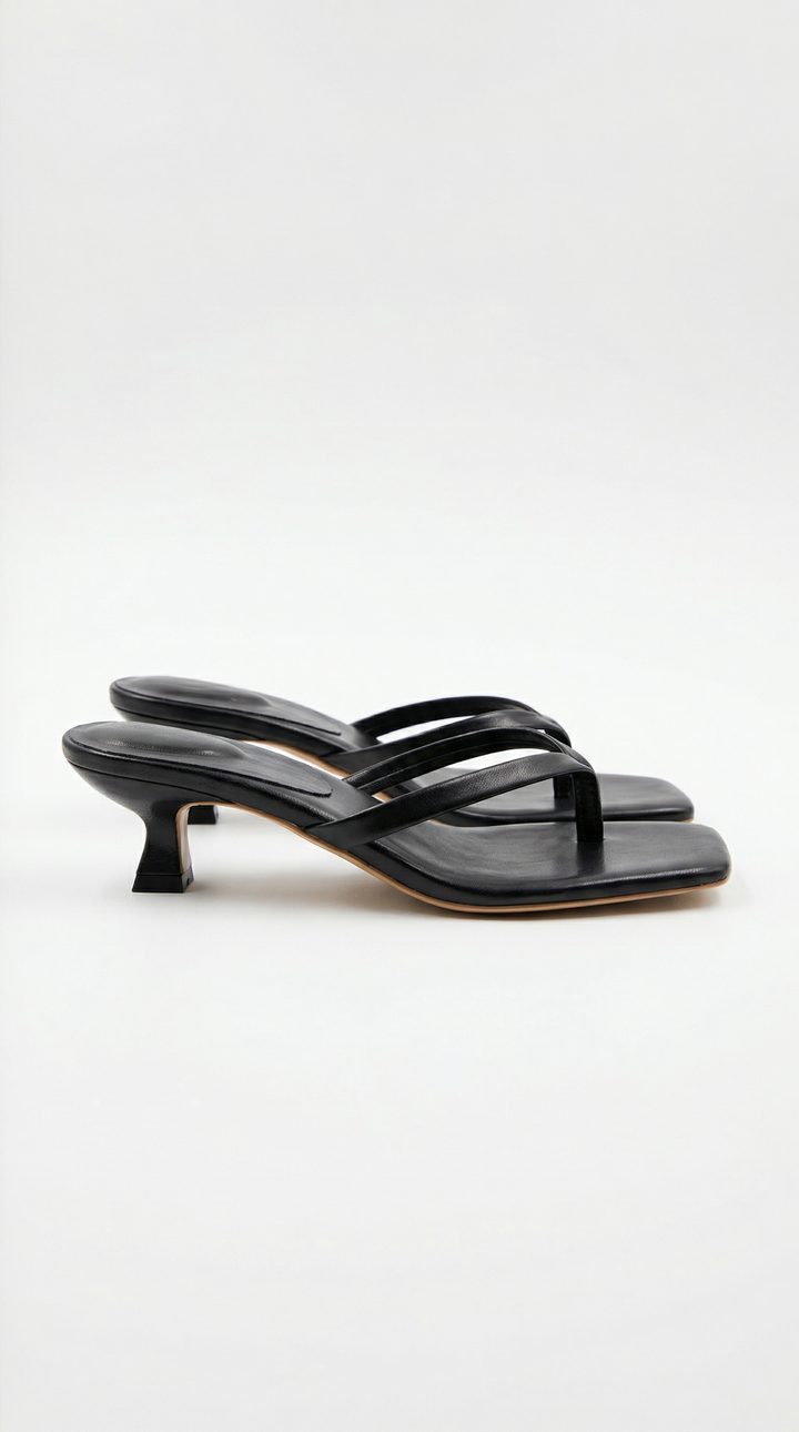 Chic women's square toe thong kitten heel sandals, perfect for dressy or casual modern fashion.