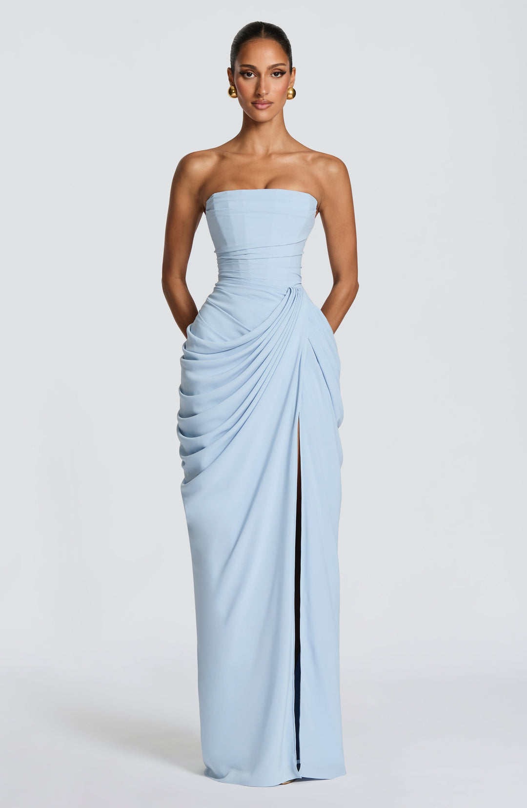 Elegant women's strapless maxi dress with a flattering corset bodice, suitable for party or evening.