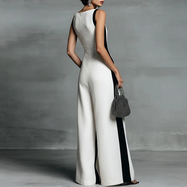 Chic women's wide-leg sleeveless jumpsuit with a deep V-neck, an elegant one-piece for any summer occasion.