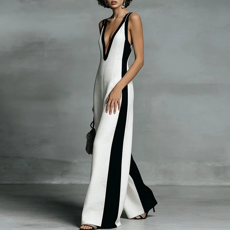 Fashionable women's striped wide-leg jumpsuit, sleeveless with a deep V-neck for a chic summer look.