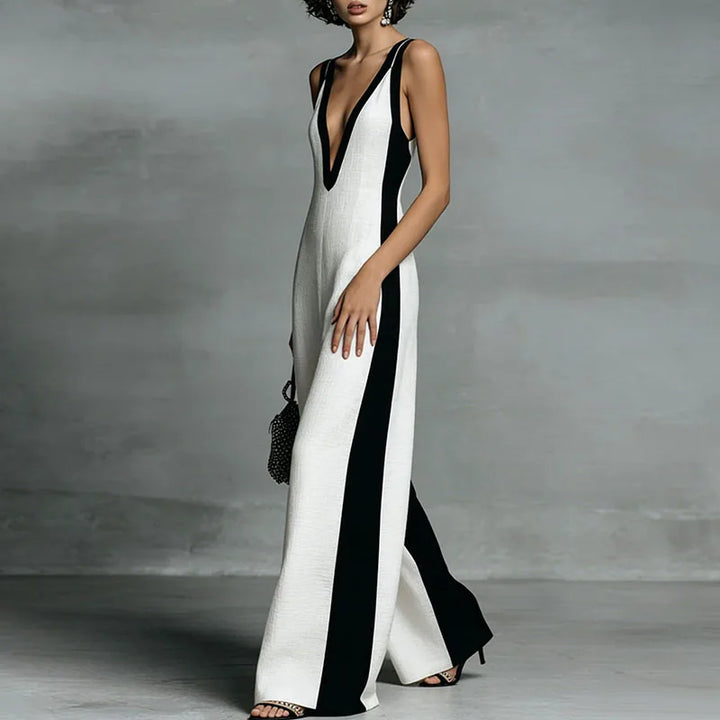 Fashionable women's striped wide-leg jumpsuit, sleeveless with a deep V-neck for a chic summer look.