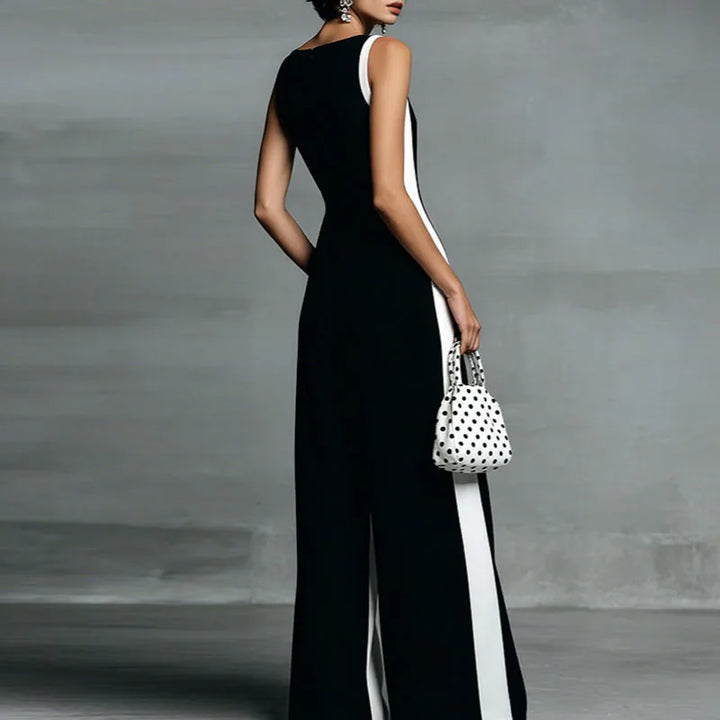 Elegant women's one-piece wide-leg jumpsuit, sleeveless with deep V-neck, ideal for vacation or brunch fashion.
