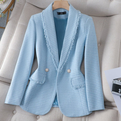 Women's elegant structured blazer with pearl buttons, perfect for office wear or chic occasions.
