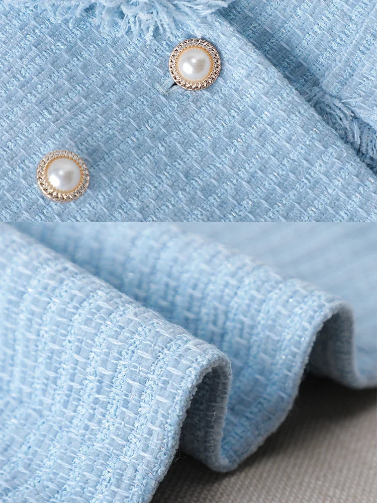 Versatile women's structured blazer with elegant pearl buttons, perfect for chic office wear or stylish events.