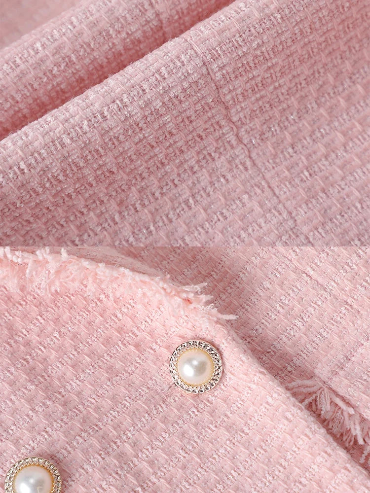 Modern classic women's structured blazer, long-sleeve design with sophisticated pearl button accents.