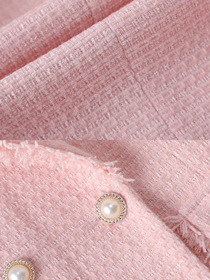 Modern classic women's structured blazer, long-sleeve design with sophisticated pearl button accents.