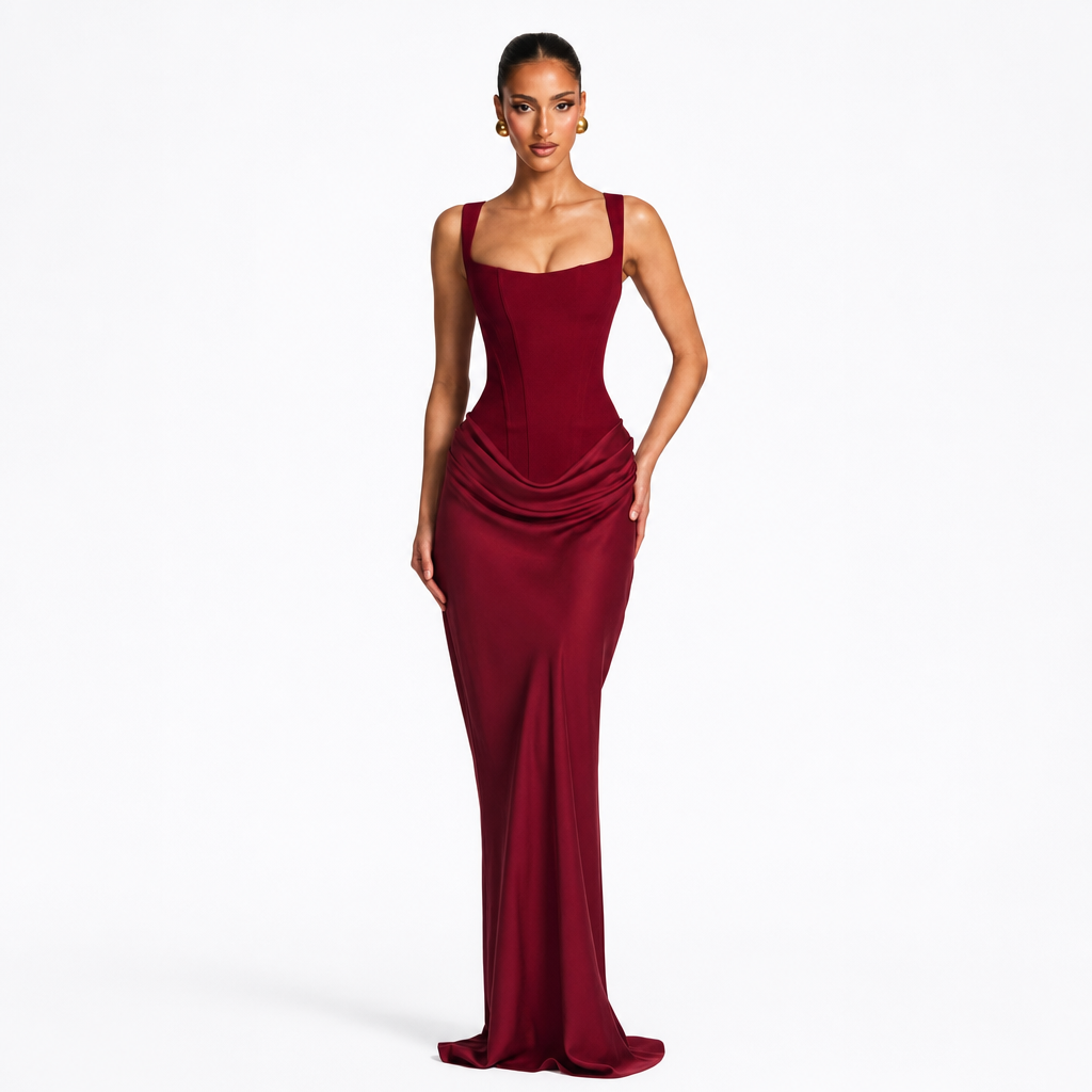 Formal women's evening gown: structured corset bodice and flowing draped skirt. Elegant maxi dress.