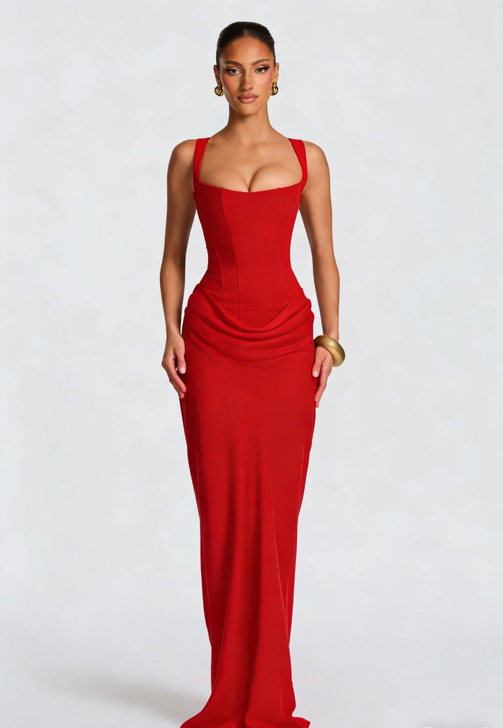 Beautiful women's party wear: a sophisticated corset maxi dress with a long, draped, floor-length skirt.