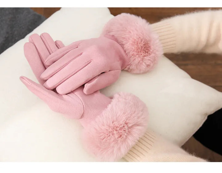 VelvetGlam women's suede gloves, featuring a stylish faux fur trim, designed for warmth & elegance.