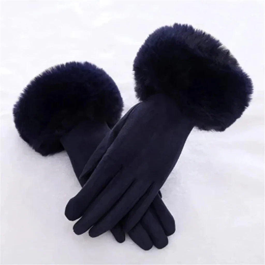 Versatile women's suede gloves with faux fur trim, a stylish and warm addition to winter accessories.
