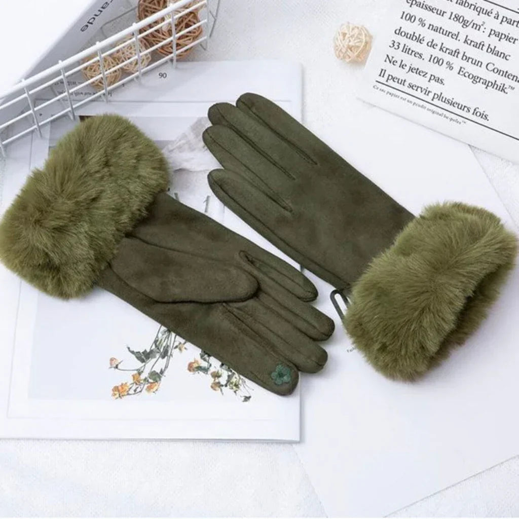Fashionable women's suede gloves, elegant design with plush faux fur cuffs.
