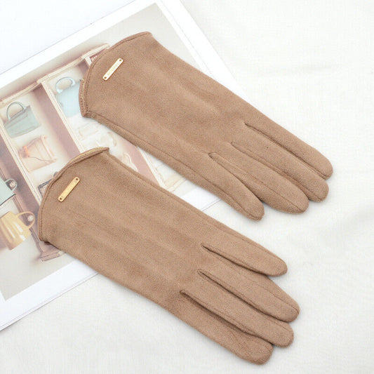 Women's elegant suede touchscreen gloves with soft cashmere lining, perfect for winter warmth & phone use.