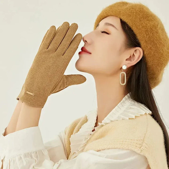 Women's warm suede cashmere gloves, touchscreen enabled, perfect winter fashion accessory.