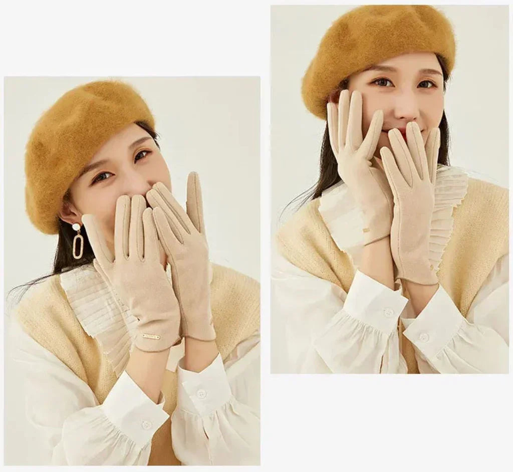 Khaki women's elegant suede touchscreen gloves, cashmere-lined for warmth & cold weather protection.