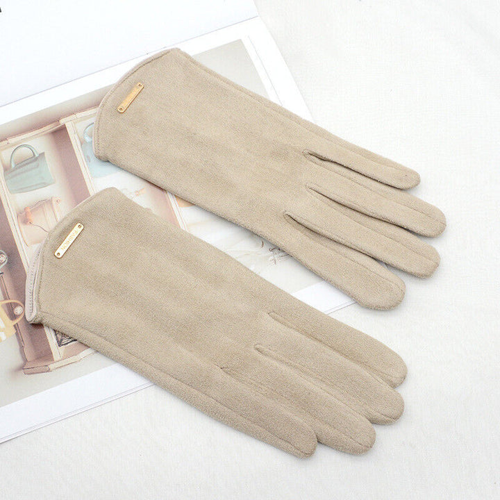 Khaki women's suede winter gloves, cashmere-lined for ultimate warmth & touch screen compatibility.