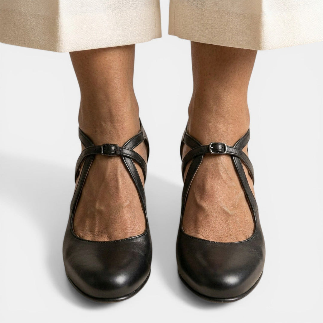 Elegant women's T-strap high heel sandals, perfect formal shoes for evening wear. Round toe & buckle.