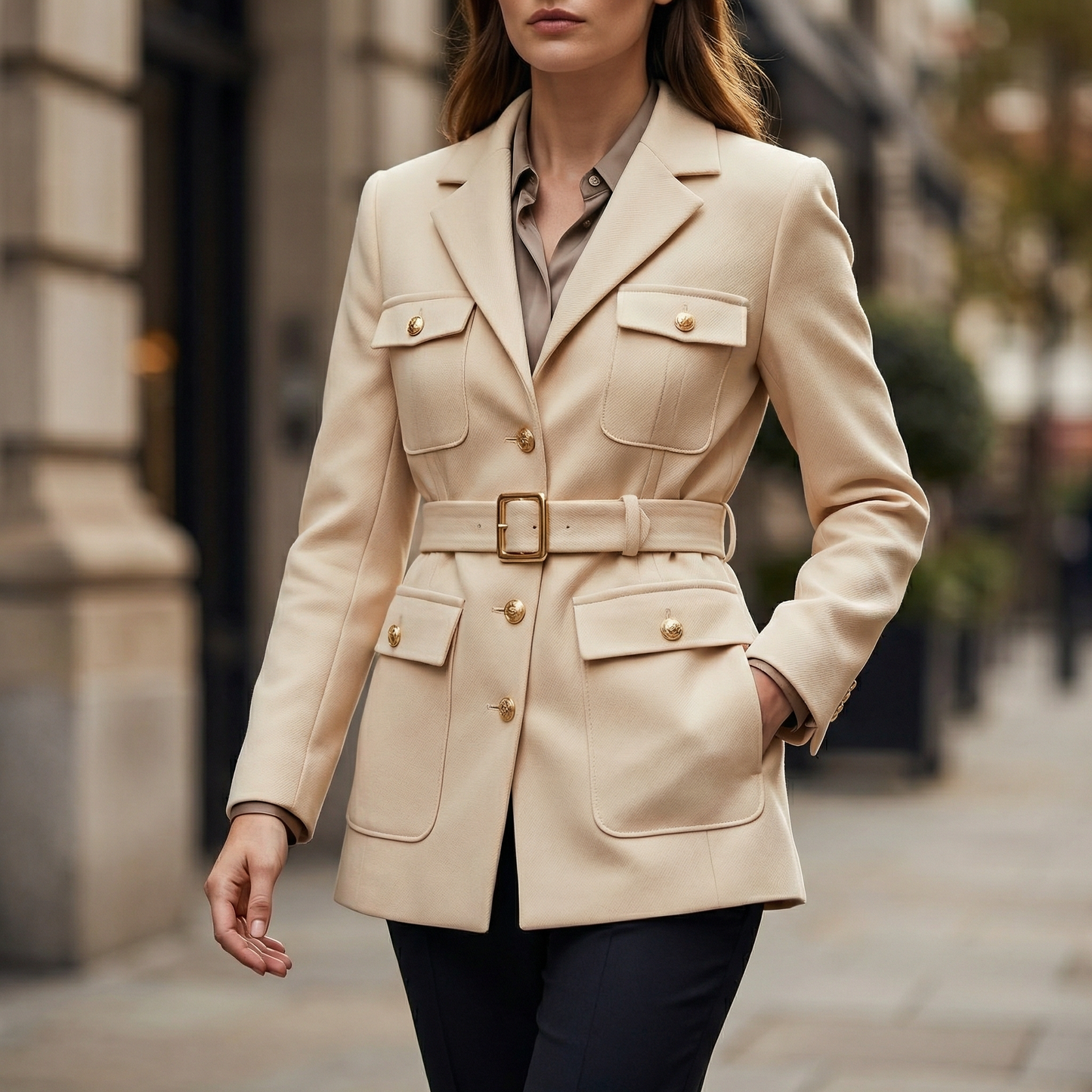 Women's elegant tailored blazer coat in a classic style, perfect for office or professional wear.