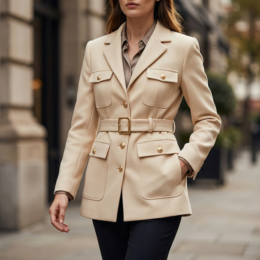 Women's elegant tailored blazer coat in a classic style, perfect for office or professional wear.