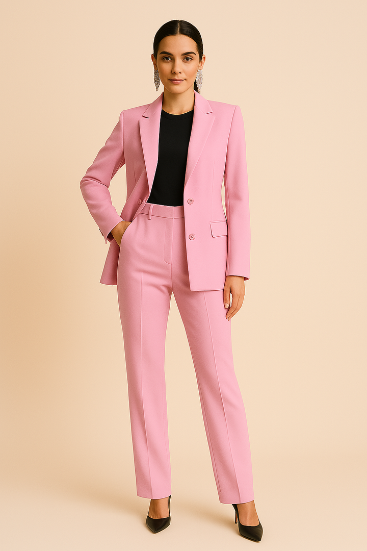 Women's elegant tailored blazer & straight-leg pants suit set with notch lapel, perfect for business & office wear.